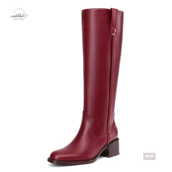 Knee High Boots Chunky Heel Round Toe Faux Leather Patent Tall Boots Side Zipper